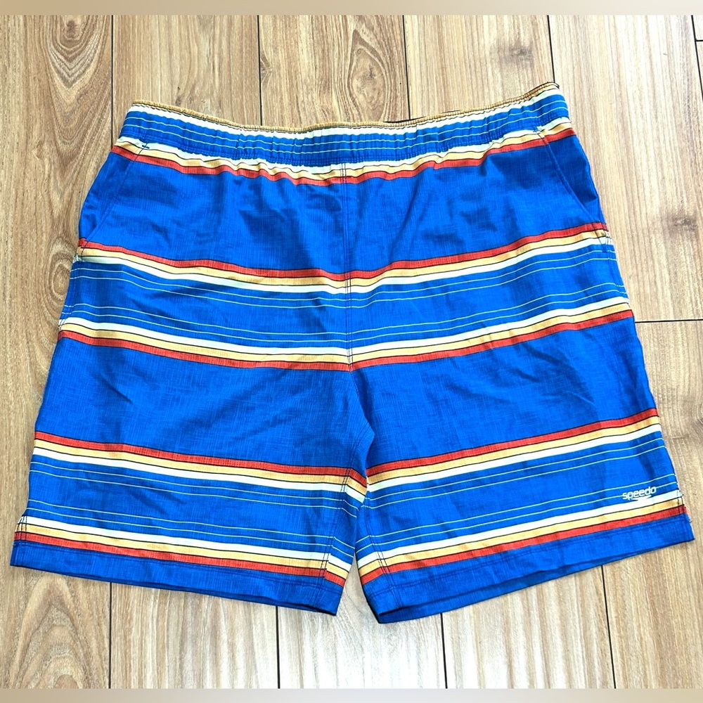 Speedo Swim Trunks Mens XL Blue Striped Lined Shorts Comfort Inseam 8” Vacation
